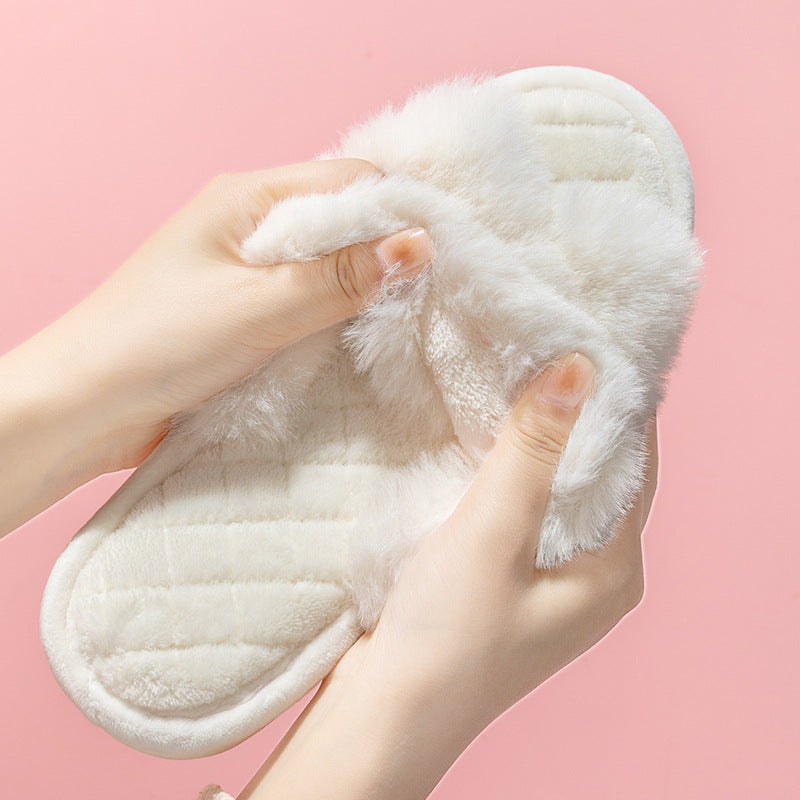 Sarah Express Furry Cross-Strap Plush Slides Indoor Slippers