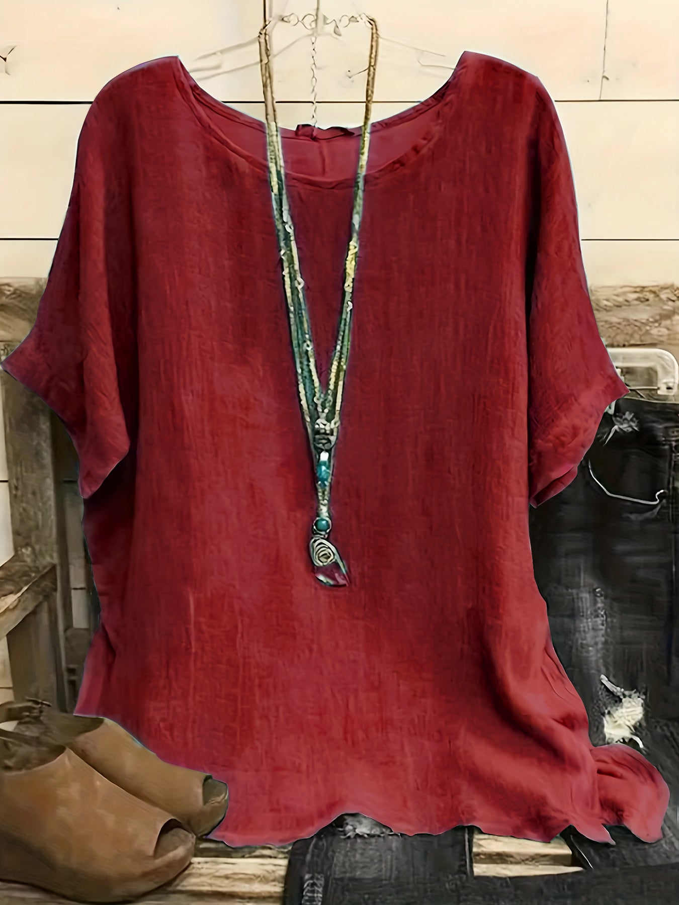 Women's Cotton Blend Round Neck Blouse 3/4 Sleeve Loose Fit Top