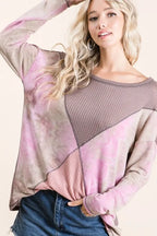 Sarah Express women’s oversized waffle knit top with a color block and tie-dye design.
