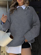 Sarah Express Women's Ribbed Round Neck Dropped Shoulder Sweater