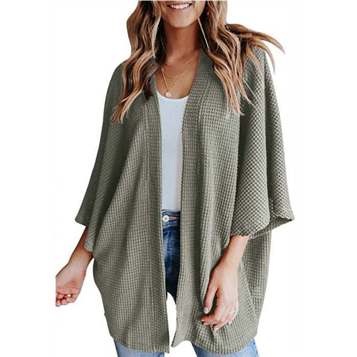 Women's Waffle Knit Bat Sleeve V-Neck Cardigan