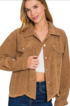 Distressed Corduroy Frayed Hem Cropped Jacket