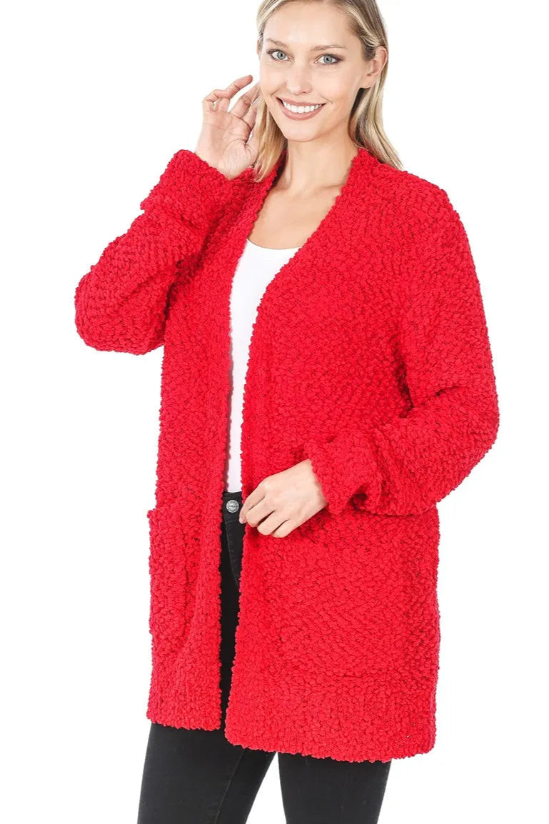Sarah Express Women’s Red Popcorn Knit Open Front Cardigan with Pockets