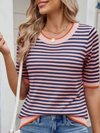 Sarah Express Women's Striped Casual T-Shirt with Contrast Trim
