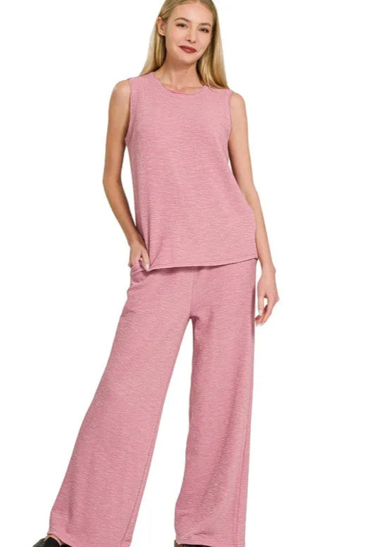 Sarah Express Women’s Cotton Slub Tank and Pants Lounge Set Casual