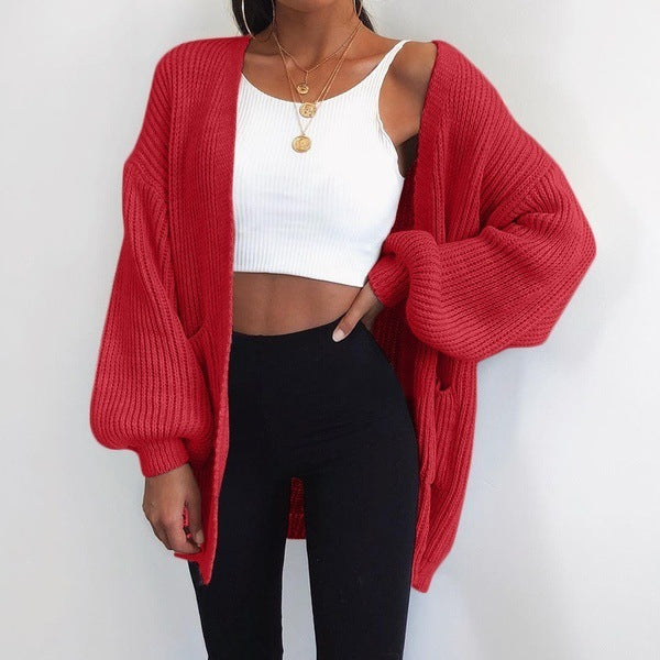 Women's Loose Fit Mid-Length Cardigan Sweater Open Front Knit Jacket Solid Color Casual