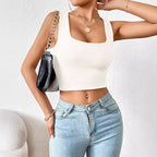 Women's Square Neck Cropped Tank Top Sleeveless Fitted Vest