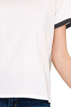 Sarah Express Women's Contrast Binding Ringer Tee | White Black Trim | 100% Cotton | S-L