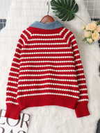 Sarah Express Women's Contrast Striped Sweater with Denim Collar - Openwork Knit Pullover
