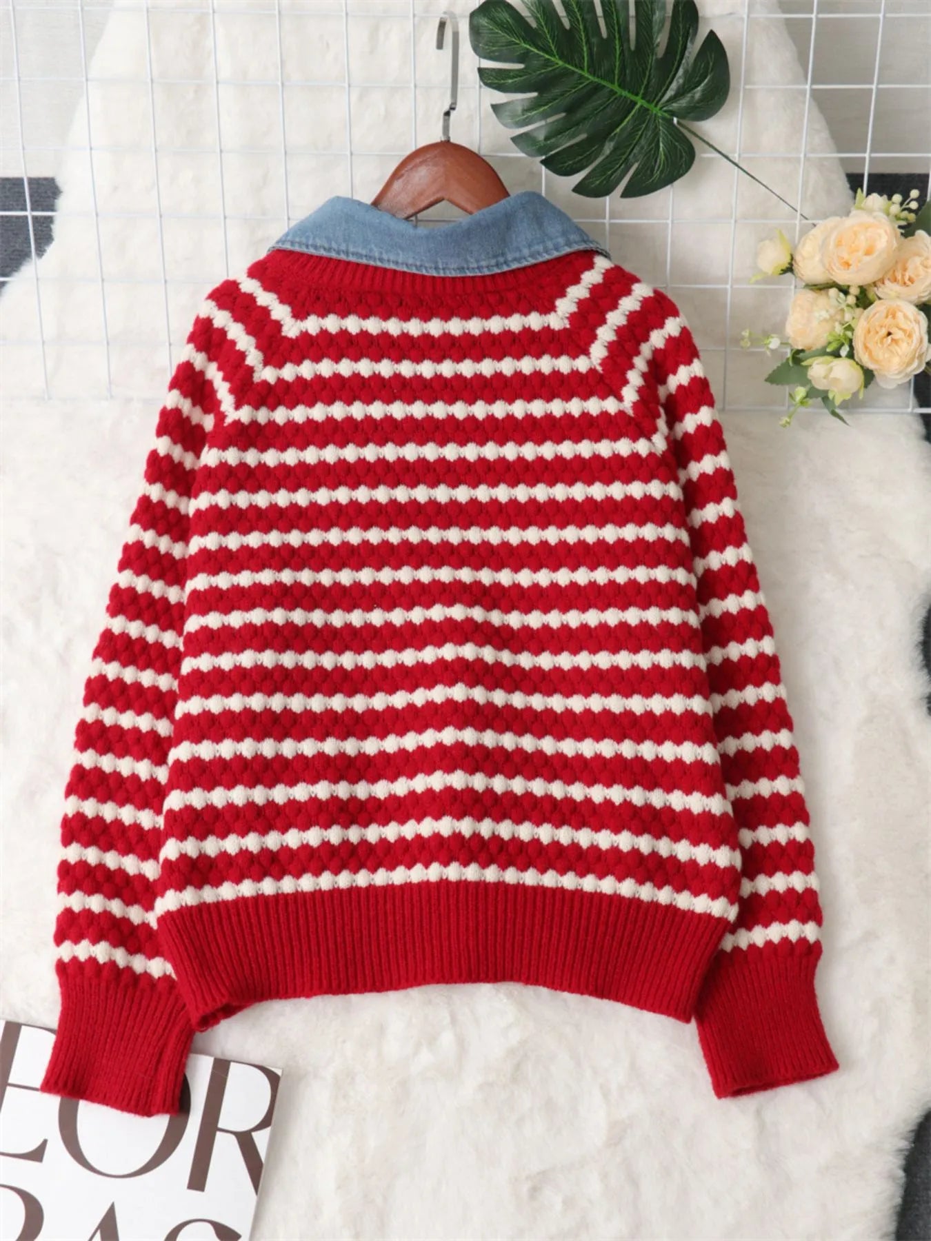 Sarah Express Women's Contrast Striped Sweater with Denim Collar - Openwork Knit Pullover