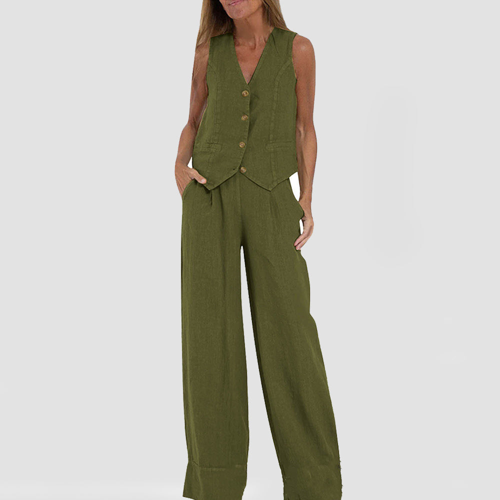 Women's V-Neck Button Vest and Straight Pants Two Piece Set