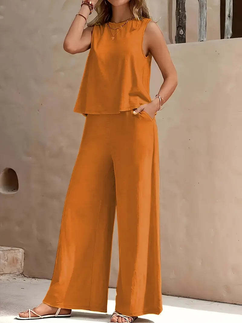 Women's Sleeveless Top and Wide Leg Pants Two Piece Set
