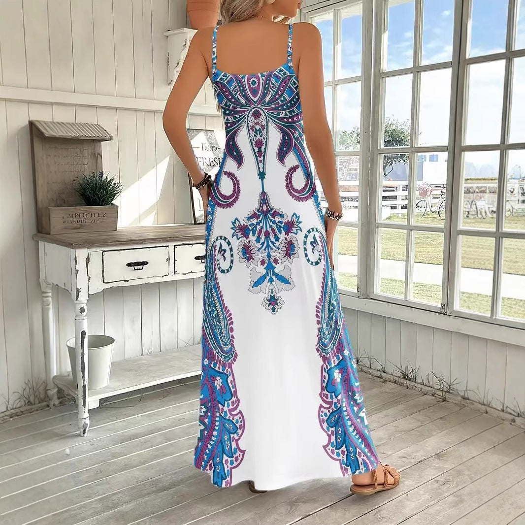 Women's V-Neck Sleeveless Maxi Dress Artistic Print