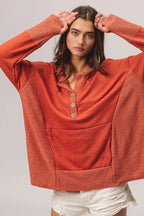 Sarah Express Women’s French Terry Henley Top Side Block Oversized Casual Fall
