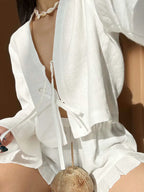 Sarah Express Women's Tie Front Long Sleeve Top and Shorts Set