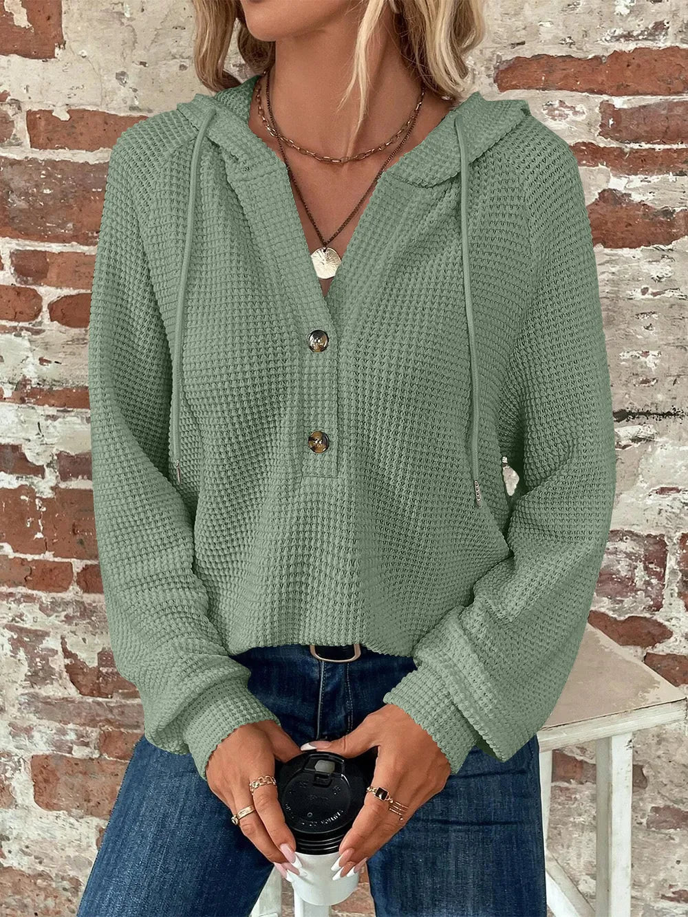 Sarah Express Women's Waffle Knit Long Sleeve Drawstring Hooded Top