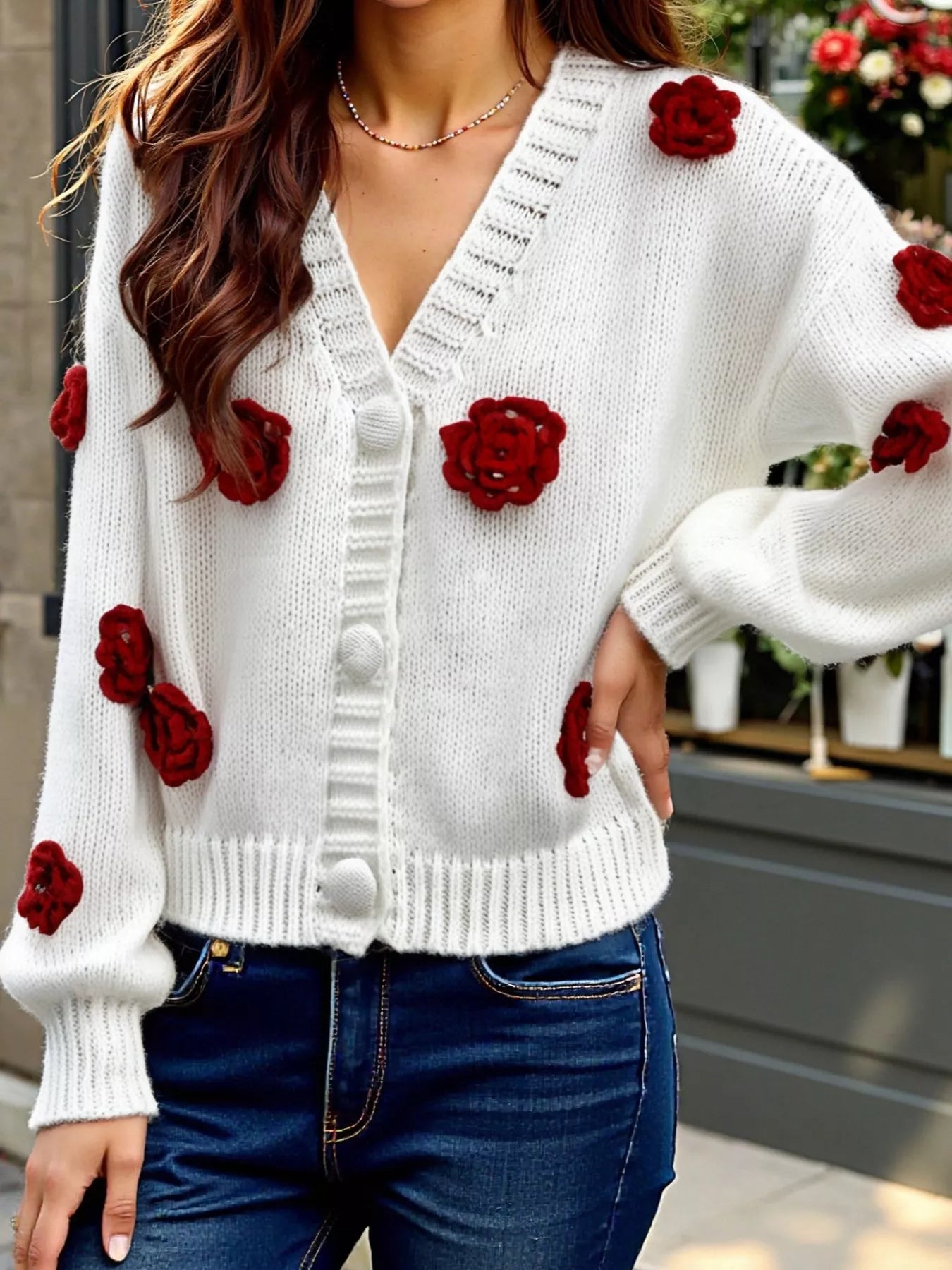 Sarah Express Women's Rose Embellished V-Neck Cardigan - Button Front Sweater