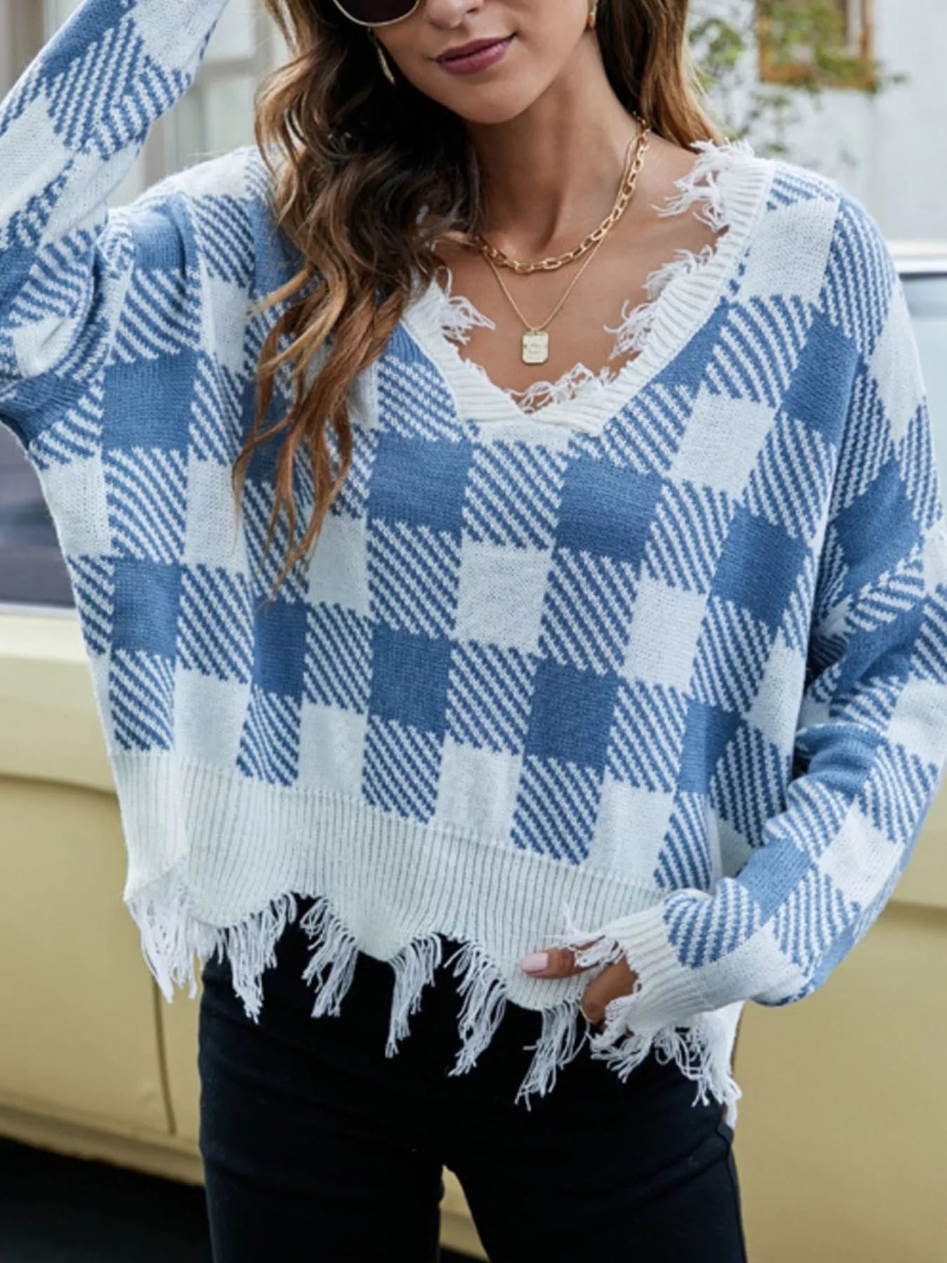 Sarah Express Women's Frayed Hem Long Sleeve Sweater Blue Plaid
