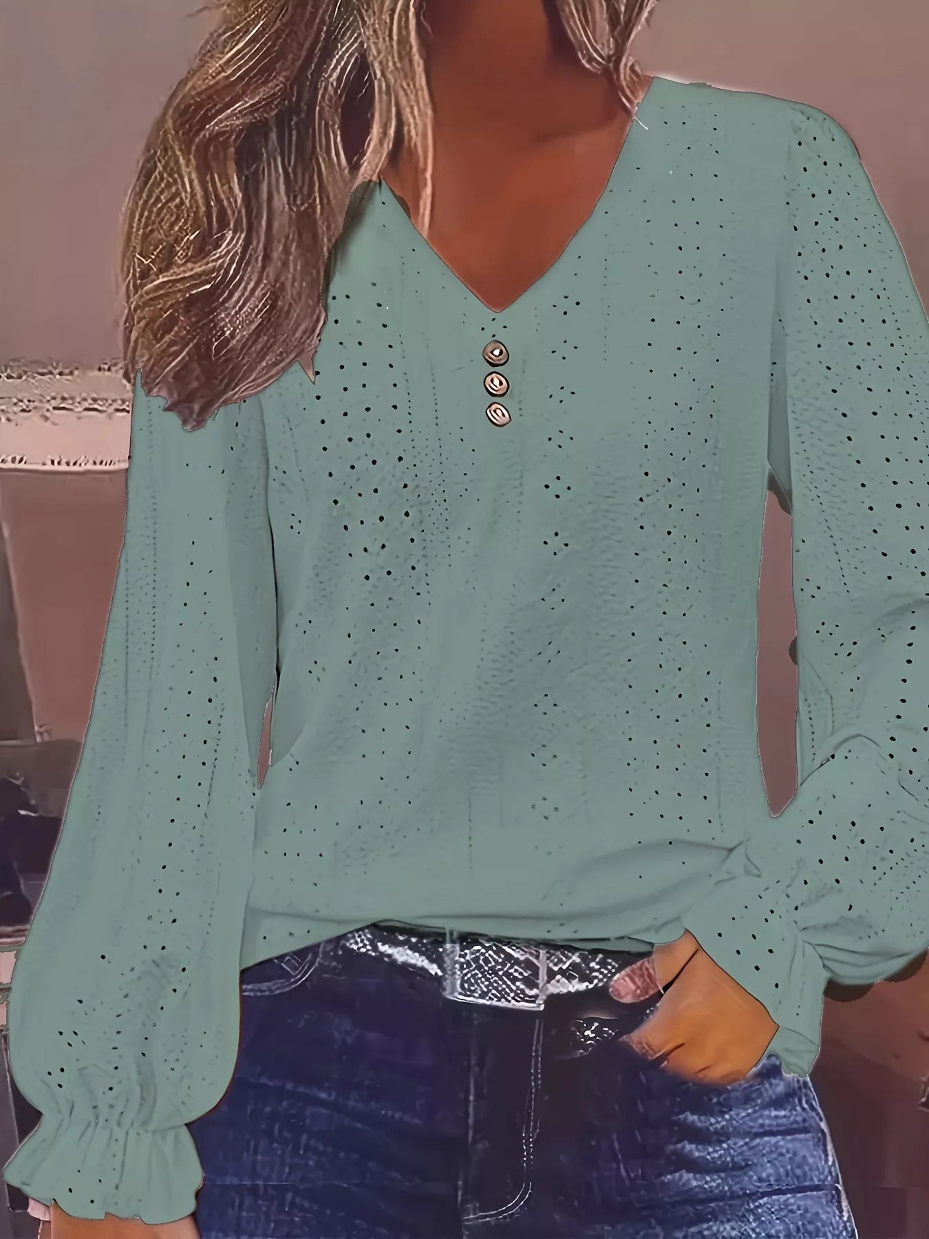 Sarah Express Women's Plus Size Eyelet V-Neck Flounce Sleeve Blouse Green