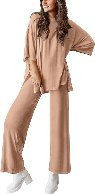 Two Piece Pullover Top Wide Leg Pants Set Polyester