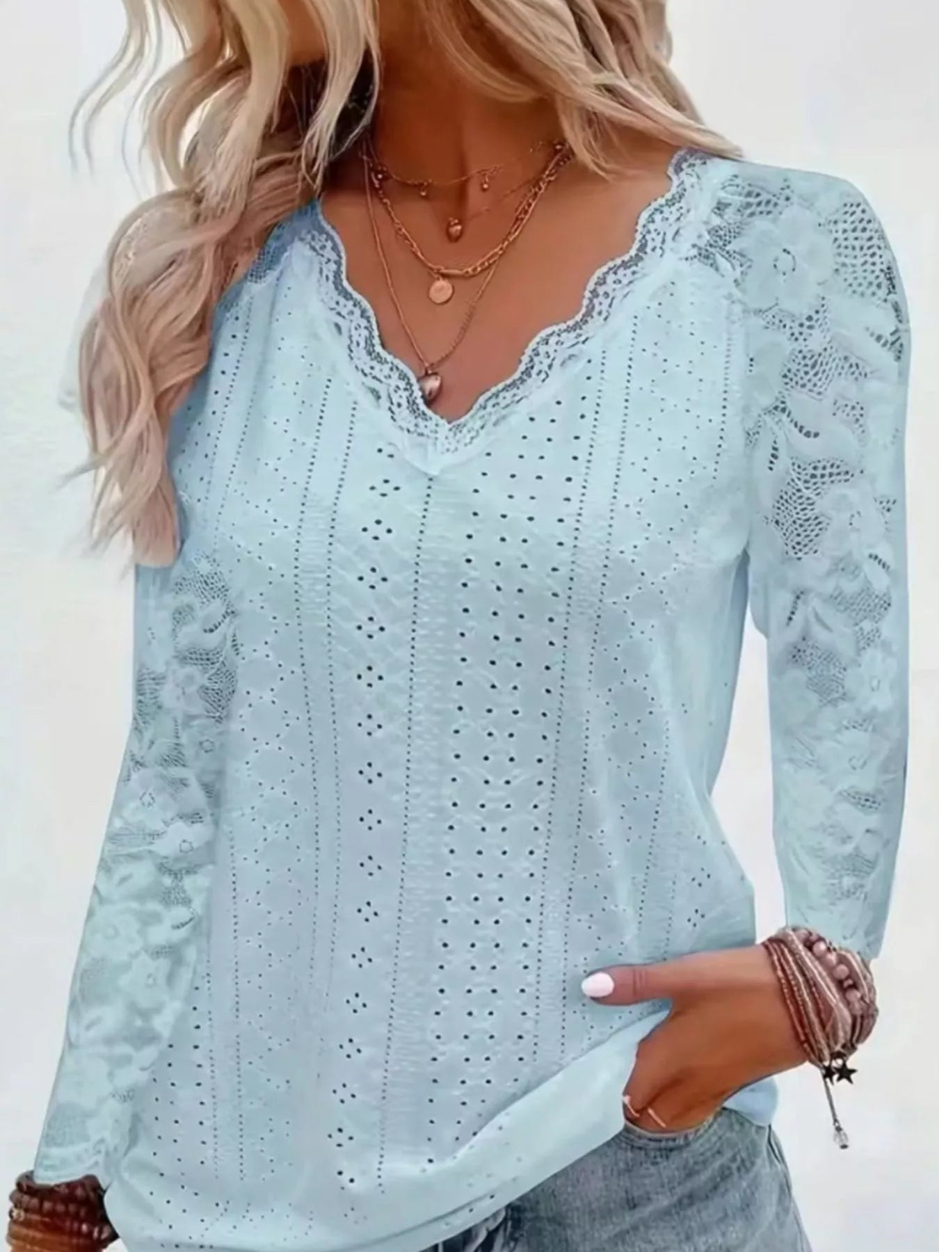 Sarah Express Women's Eyelet Lace Sleeve V-Neck Blouse Blue