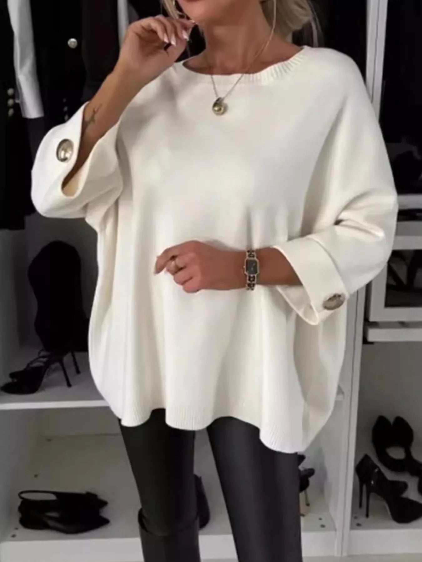 Sarah Express Women's Full Size Round Neck Drop Shoulder Top with Ribbed Trim Plus Size White