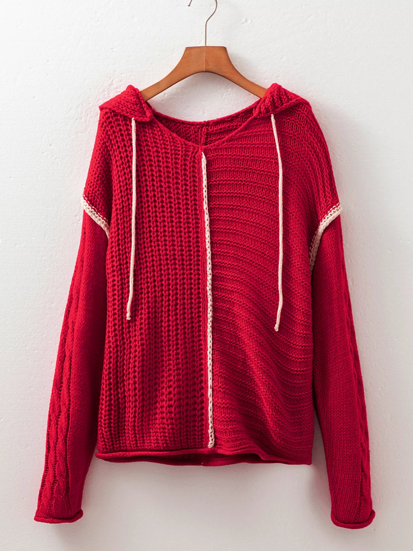 Sarah Express Women's Contrast Trim Cable-Knit Drawstring Hooded Sweater