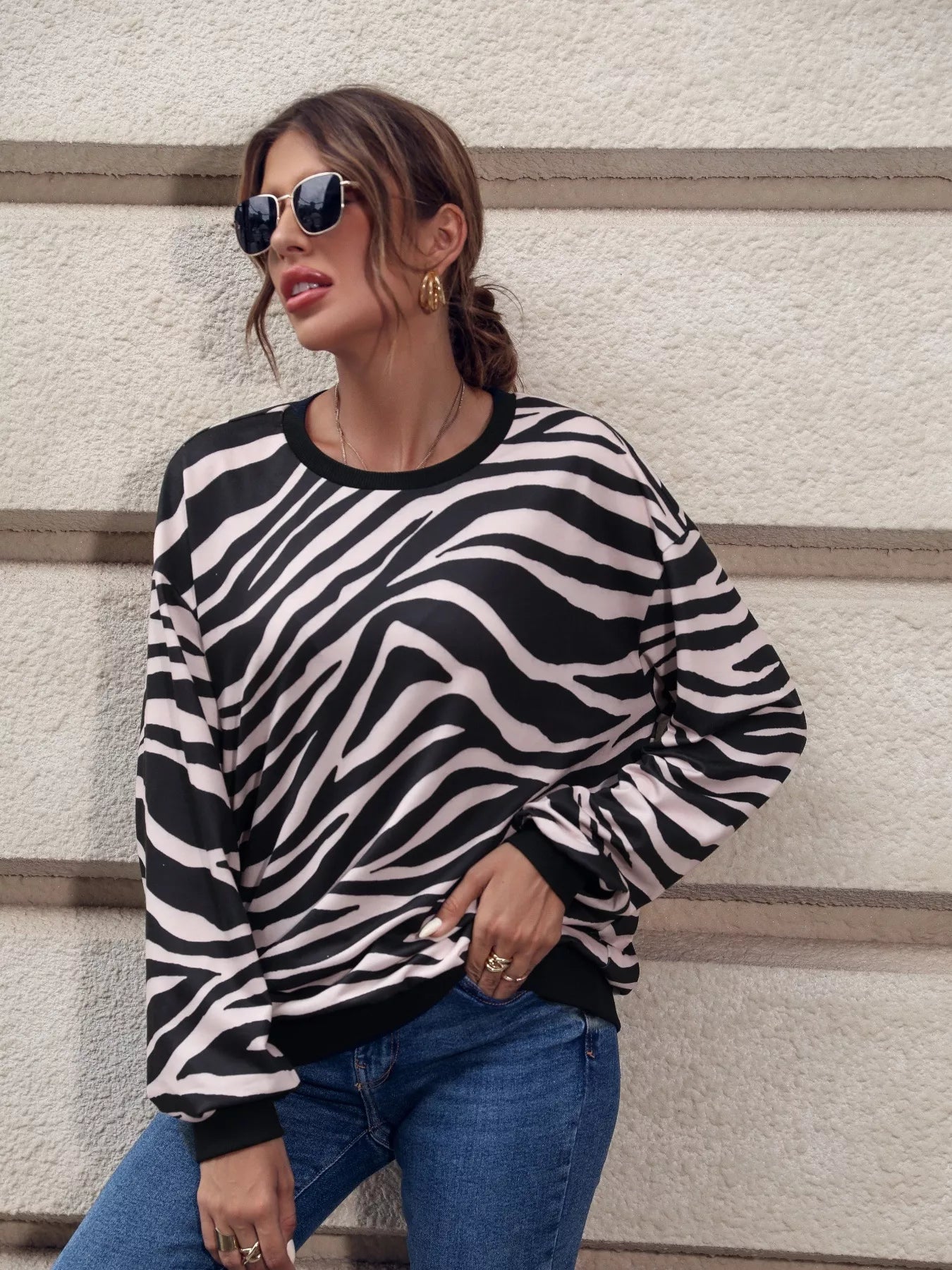 Sarah Express Women's Zebra Print Round Neck Casual Sweatshirt