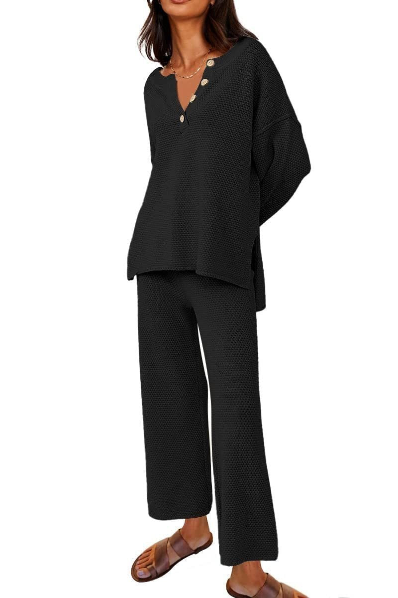 Sarah Express Women's Two-Piece Leisure Set Long Sleeve Top and Pants Casual Suit Black