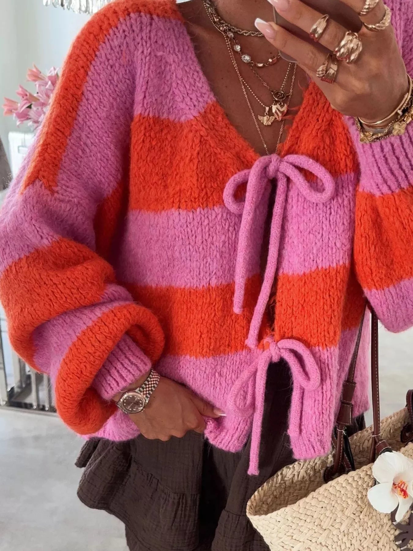 Sarah Express Women's Striped Tie-Front Knit Cardigan Pink