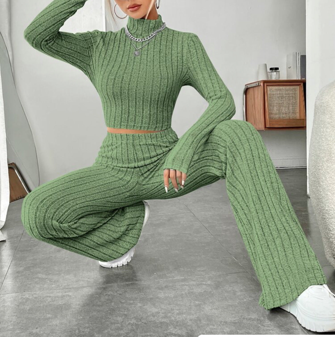 Women's Turtleneck Top and Wide Leg Pants Two-Piece Set Cotton Loungewear Suit