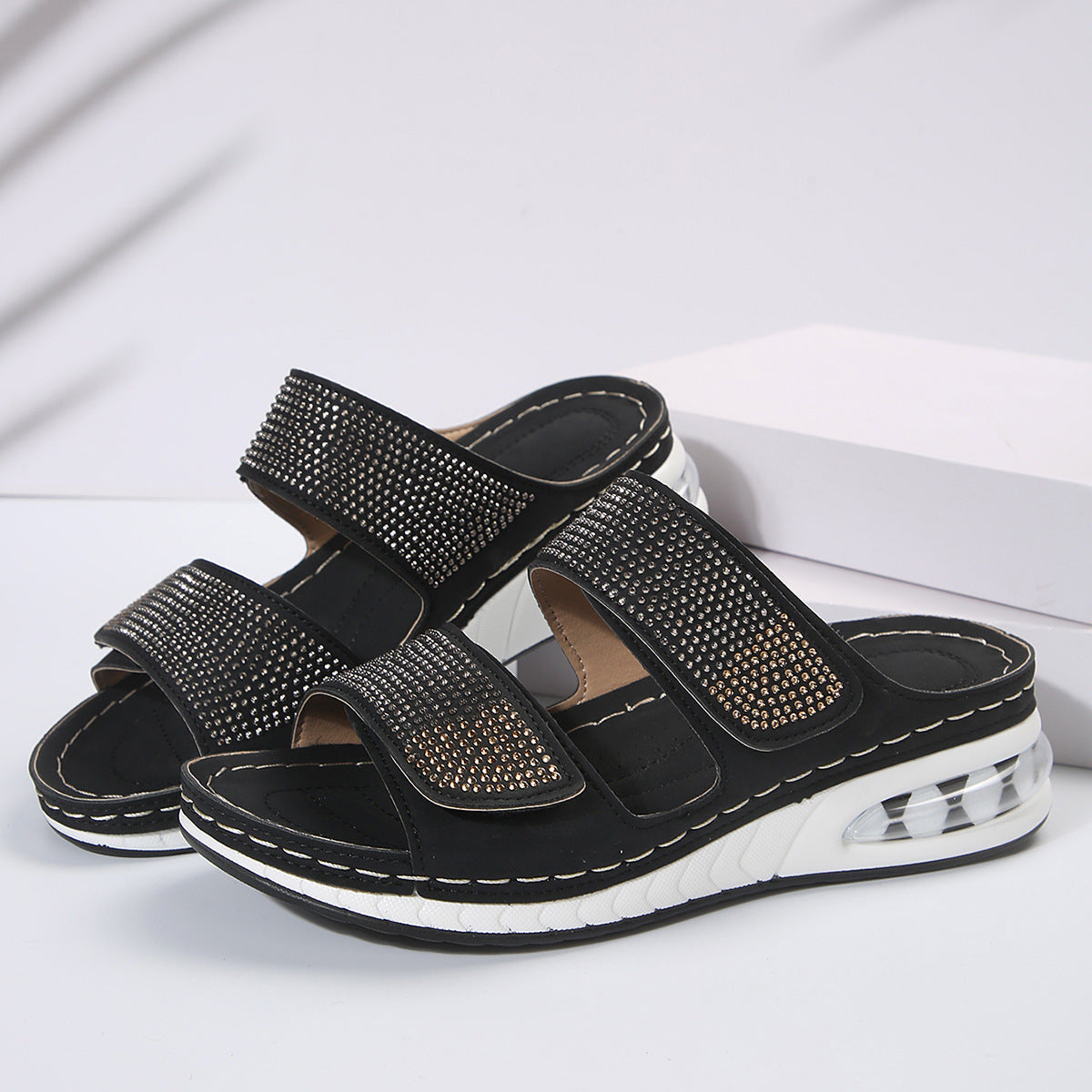 Sarah Express Women's Air Cushion Wedge Sandals – Rhinestone Embellished Beach Slides with Non-Slip Wedge Sole Black