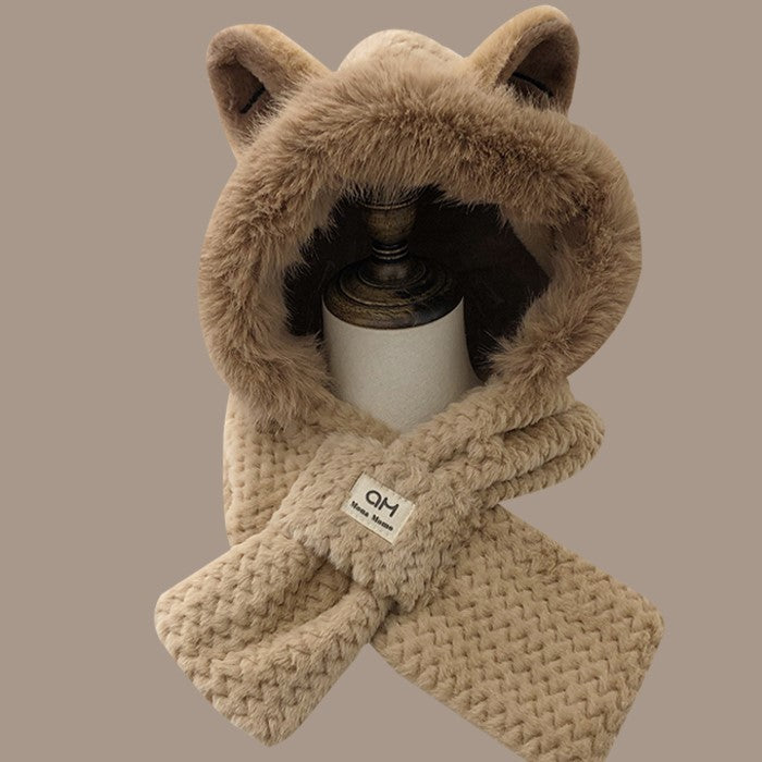 Furry Fox Ear Winter Hat with Neck Warmer Windproof Accessory