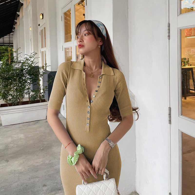 Women's Button Detail Midi Dress Elastic Waist Short Sleeve Pullover Polyester