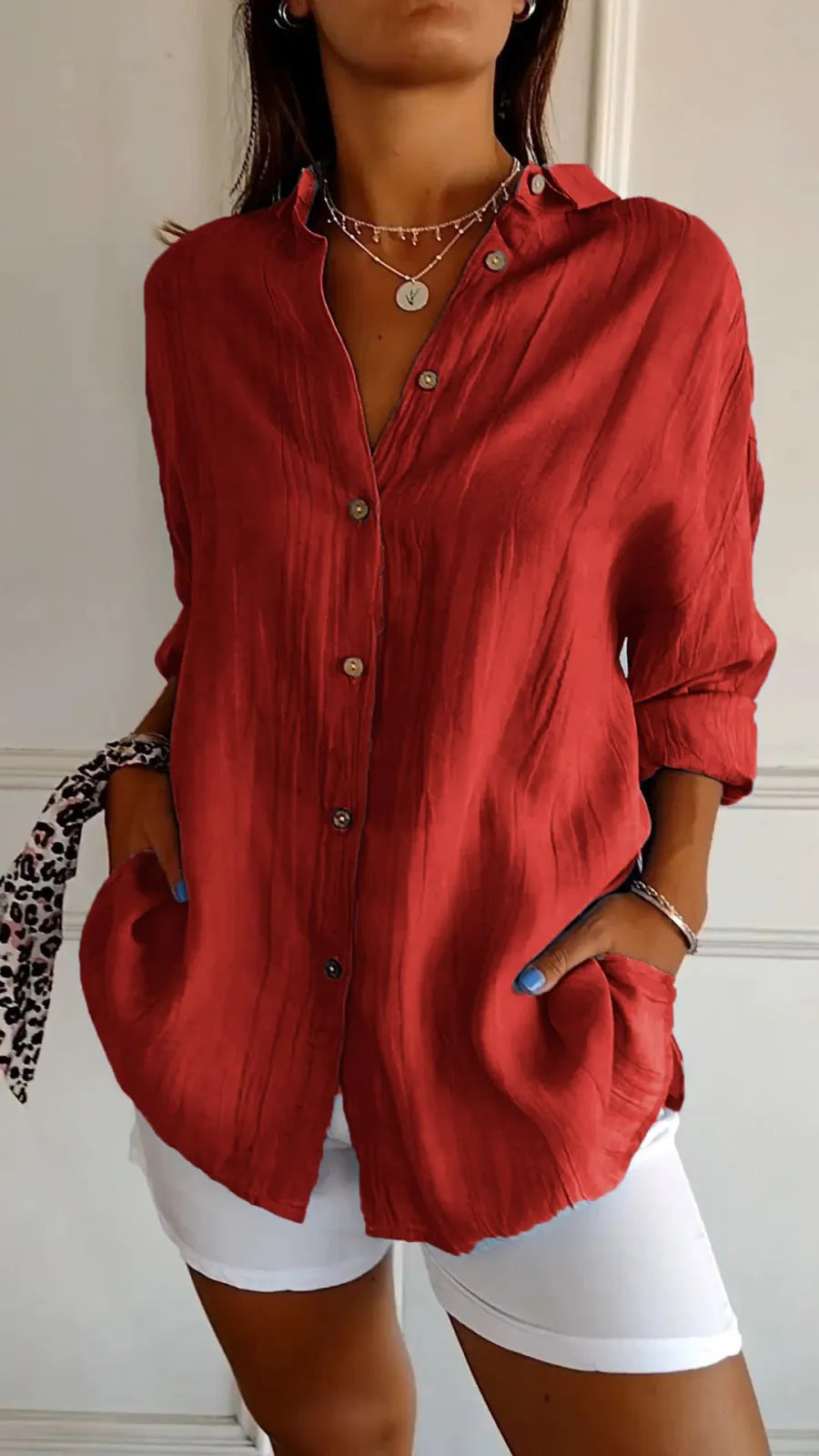 Women's Lapel Long Sleeve Pleated Button Front Shirt Blouse