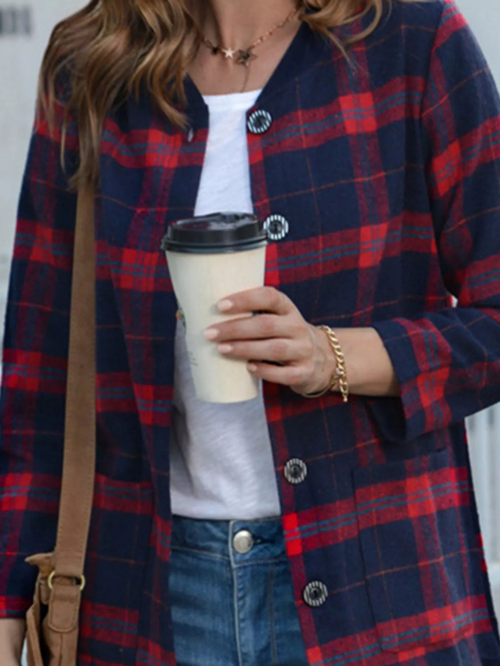 Sarah Express Women's Plus Size Plaid Button-Down Longline Shirt