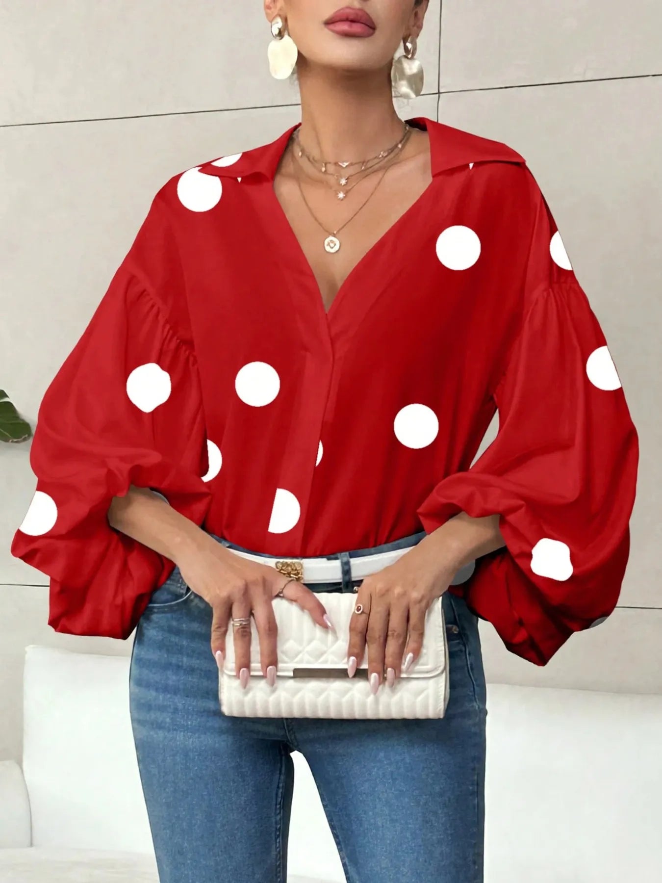 Sarah Express Women's Polka Dot Balloon Sleeve Blouse - Oversized Button-Up Top Red Polka Dots