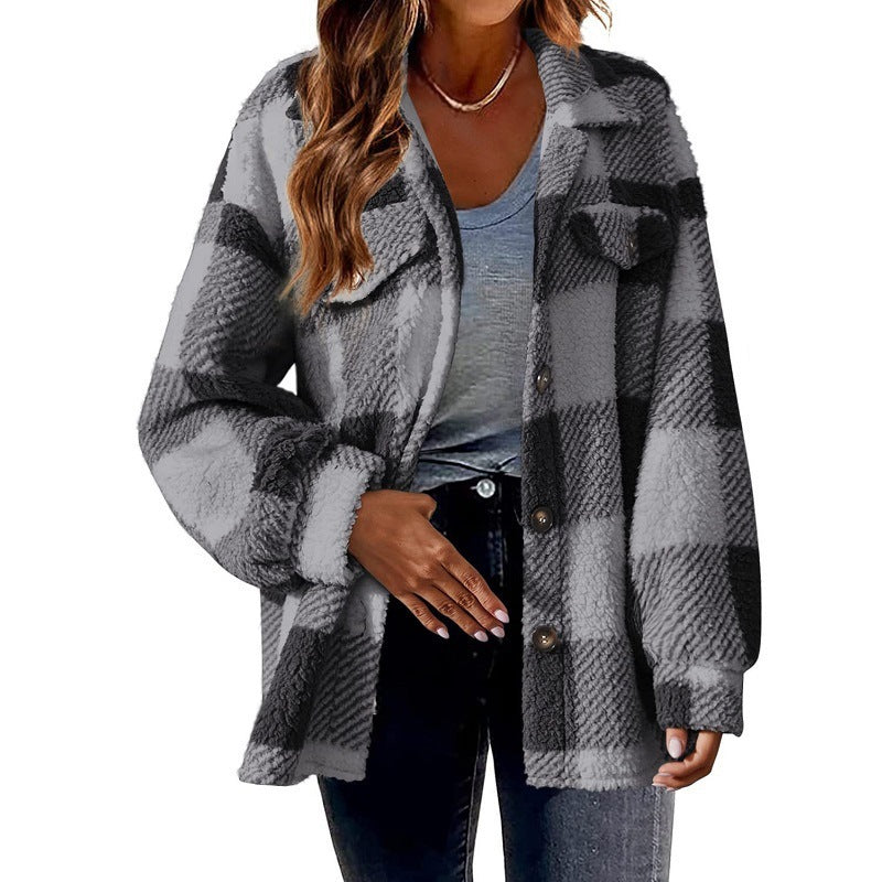 Women's Striped Plush Jacket - Button-Front Shacket Coat in 8 Colors - Loose Fit S-5XL Plus Size
