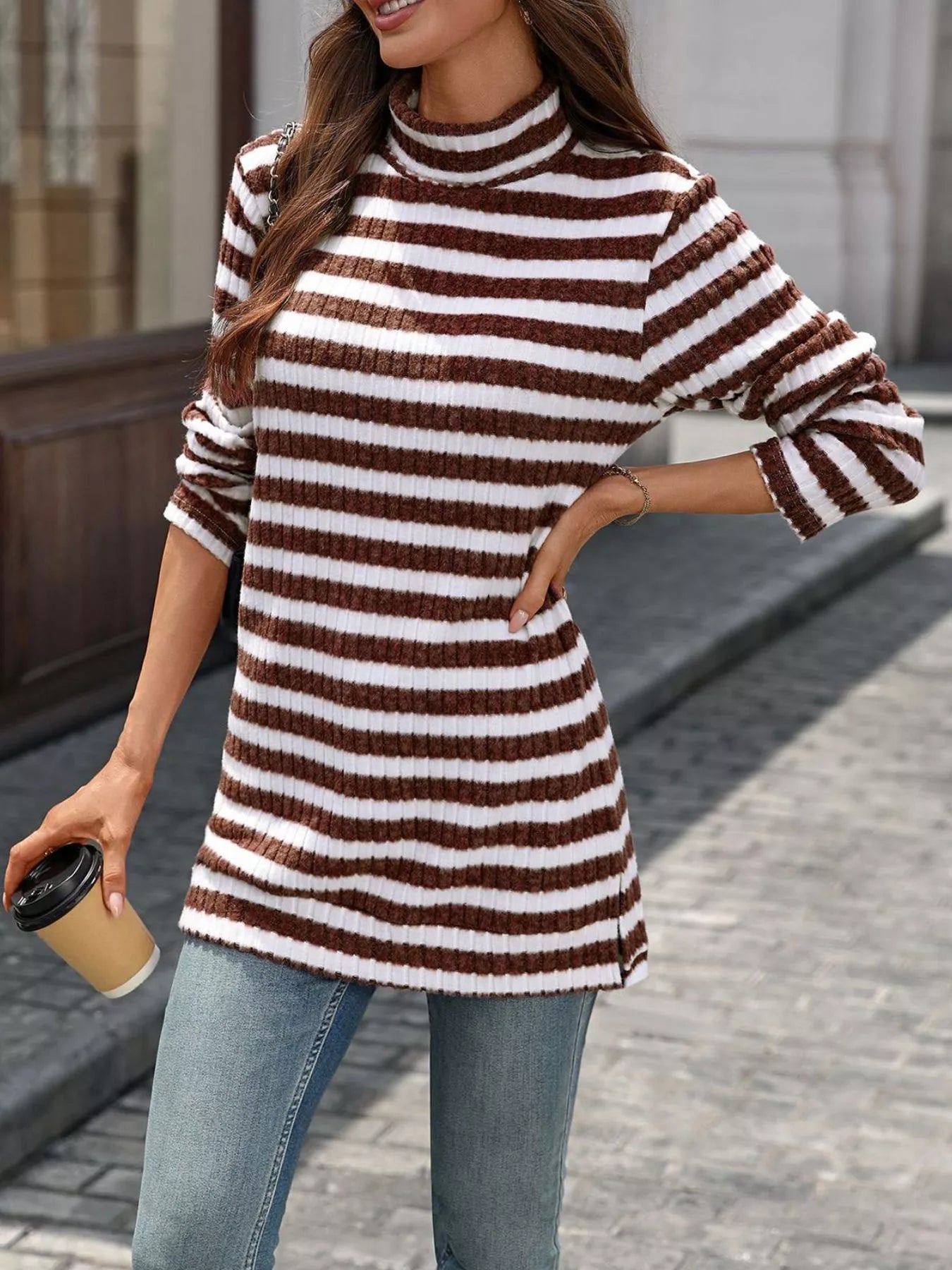 Sarah Express Women's Striped Turtleneck Long Sleeve Knit Top