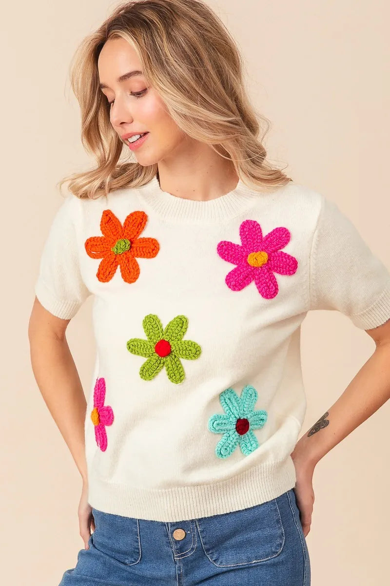 Sarah Express Women’s Short Sleeve Sweater with Crochet Flower Patches
