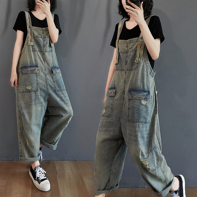 Ripped Denim Overalls Women Retro Light Wash Cotton Summer