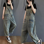 Ripped Denim Overalls Women Retro Light Wash Cotton Summer