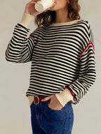 Sarah Express Women's Striped Round Neck Long Sleeve Sweater - Ribbed Knit Pullover