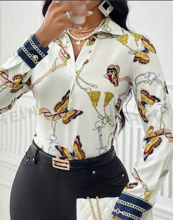 Women's Butterfly Print Long Sleeve Casual Shirt