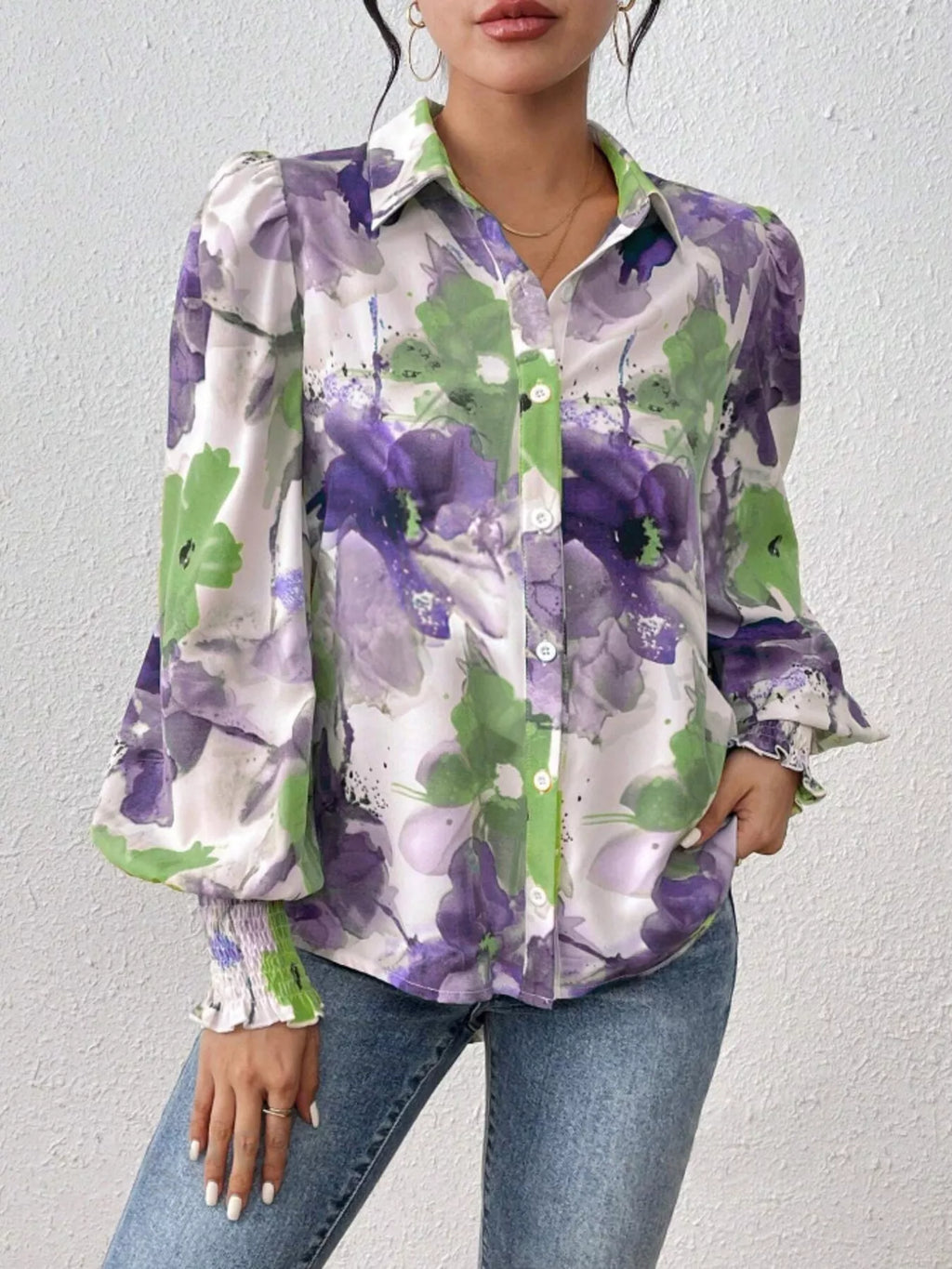 Sarah Express Women's Printed Button Up Lantern Sleeve Shirt