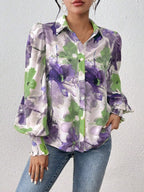 Sarah Express Women's Printed Button Up Lantern Sleeve Shirt