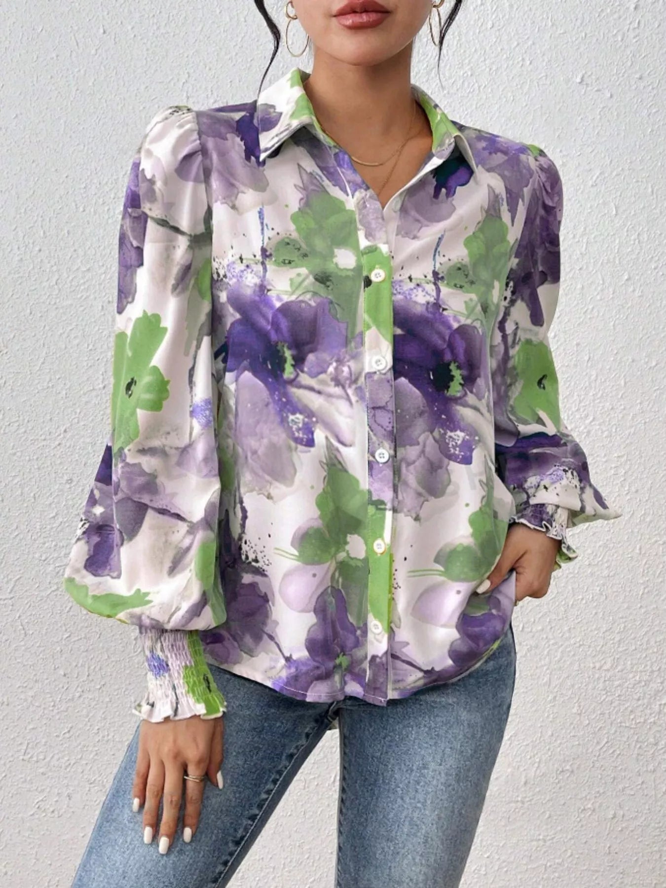 Sarah Express Women's Printed Button Up Lantern Sleeve Shirt