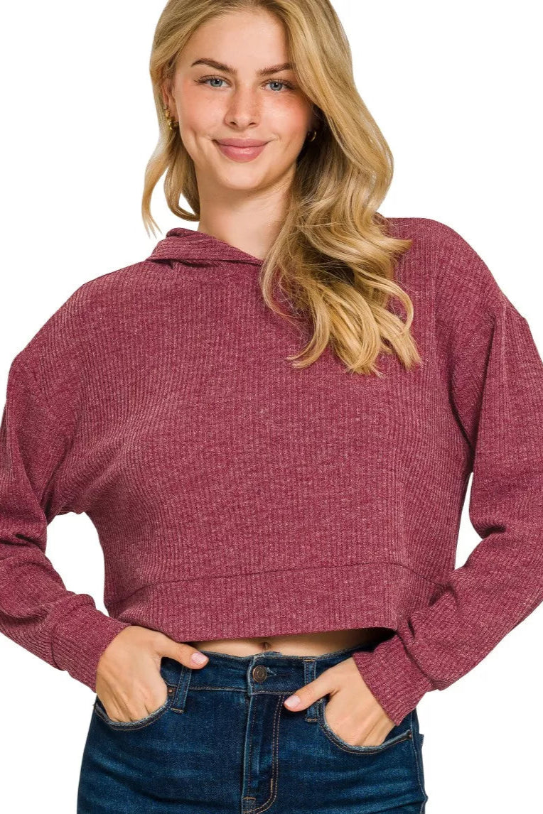 Sarah Express Women’s Ribbed Drop Shoulder Cropped Hoodie Casual