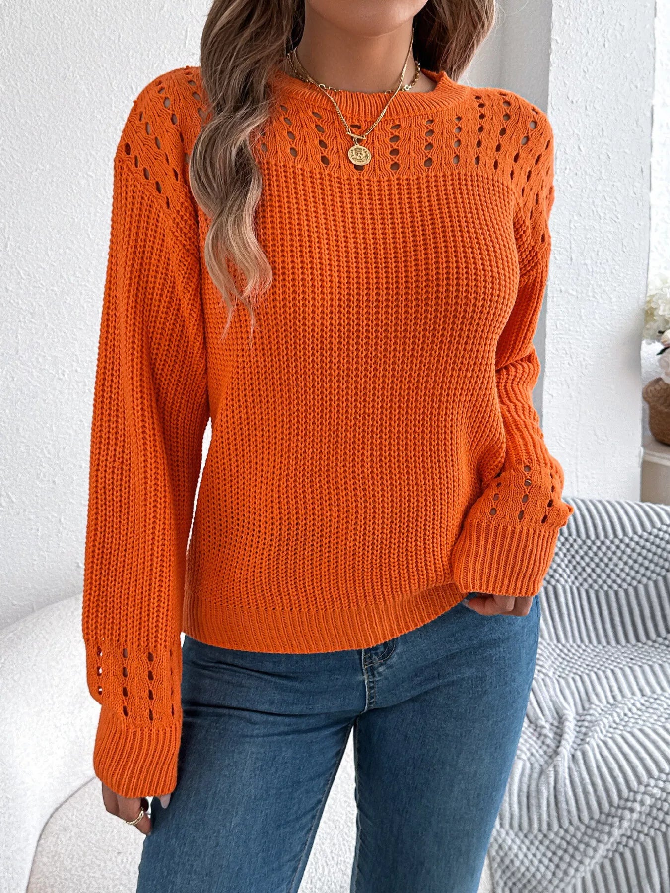 Sarah Express Women's Openwork Round Neck Long Sleeve Sweater Orange