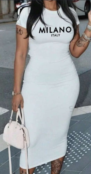 Milano Knit Bodycon Dress Women's Short Sleeve Crew Neck Midi Length Summer Dress